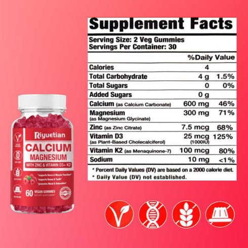 2 Pack Calcium Magnesium Zinc Gummies with Vitamin D3 Supplement, High Absorption Zinc Gummies for Bone & Muscle & Immune Health, Gluten-Free, Vegan Flavor - 120 Count