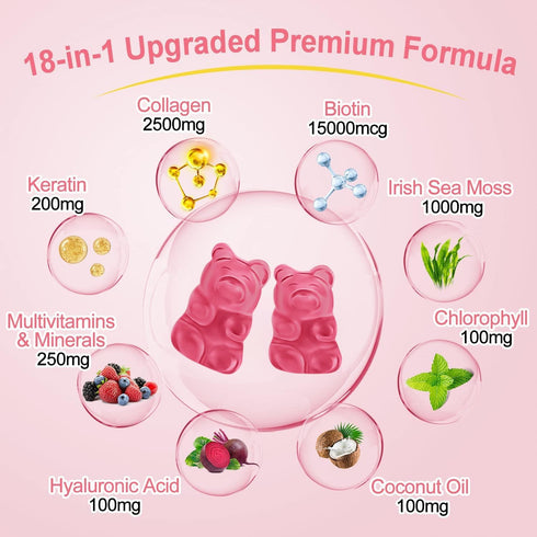 Vegan Collagen Gummies with Biotin, Sea Moss, Keratin, Hyaluronic Acid, Vitamin for Skin, Hair Growth, Nails & Joints, Women Men Adults Kids, 60 Gummies Vitamins Supplement