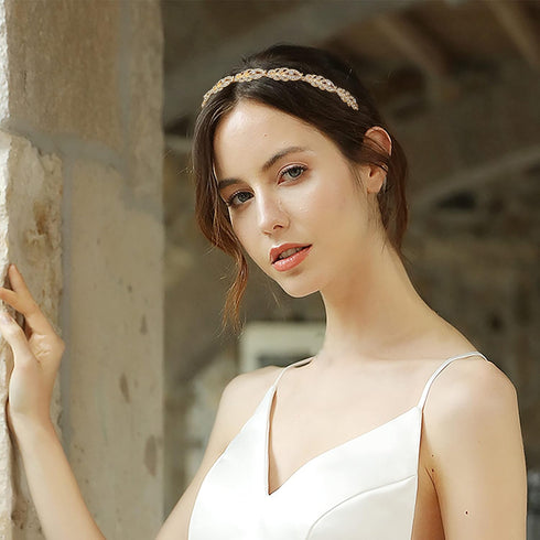 Oriamour Bridal Headband - Simple Flower Design Rhinestone Crystal Headpieces, Gold