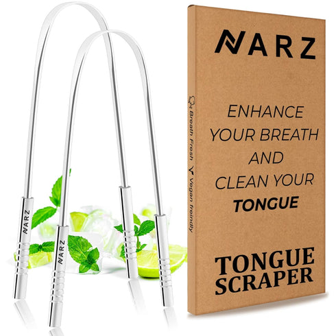 NARZ Professional Tongue Scraper for Bad Breath, Reusable Stainless Steel Cleaners with Dual Carved Handle for Adults &
