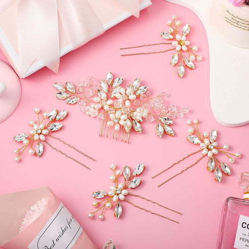 Yeshone 5 Pieces Wedding Hair Comb, Bridal Hair Pins with Crystal Pearl Accessories for Bride Women (Gold)