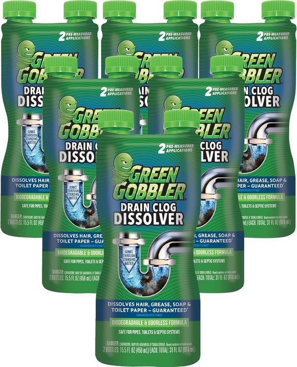 Green Gobbler Liquid Hair Drain Clog Remover & Cleaner, Septic Safe, 2 Pack for Toilets, Sinks, Tubs