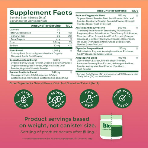 Bloom Nutrition Superfood Greens Powder, Digestive Enzymes with Probiotics and Prebiotics, Gut Health, 30 SVG, Orange