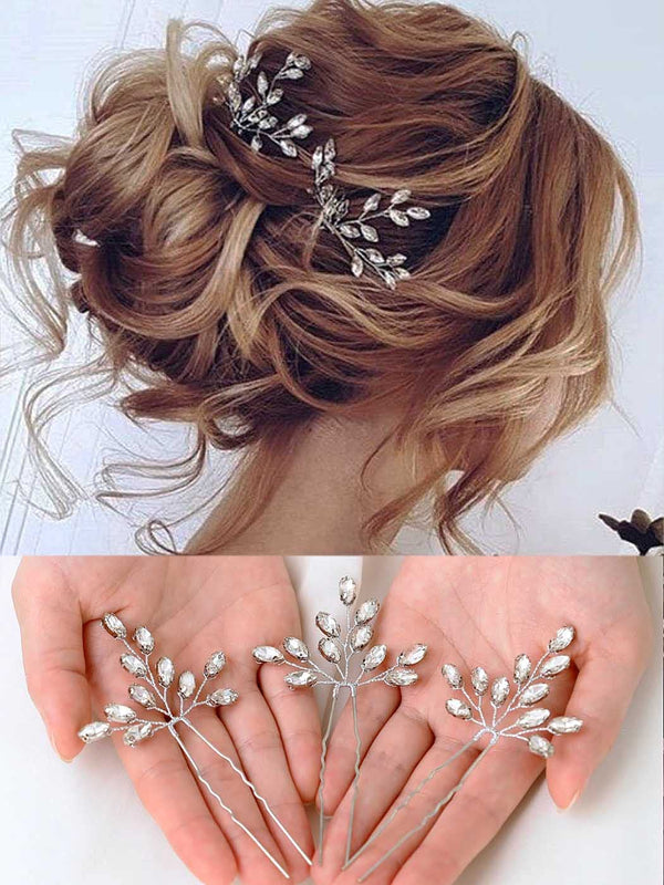 Heread Crystal Bride Wedding Hair Pins, Rhinestones Bridal Hair Accessories Head Piece for Women and Girls (Pack of 3)