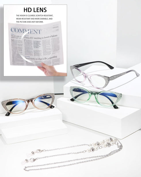EYEURL 2.25 Blue Light Blocking Cat Eye Reading Glasses for Women, 3 Pack Lightweight Eyeglasses with Comfortable