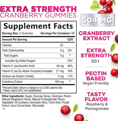 Cranberry Gummies - Urinary Tract Health Gummy + Vitamin C - 25,000mg - Triple Strength Cranberry Concentrate Extract Supplement Pills, Ultimate Potency, Non-GMO, Gluten Free - 120 Gummies
