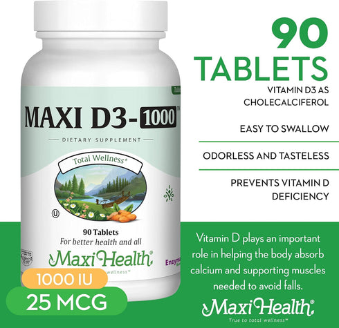 Maxi Health Vitamin D3 1000 IU Dietary Supplement, Easy to Swallow, 90 Tablets, Supports Immune Health
