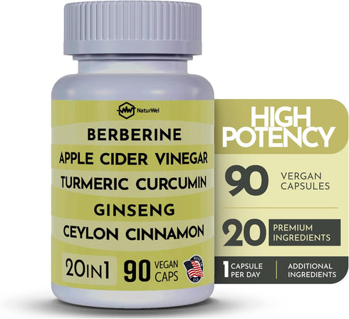 Ceylon Cinnamon Ginseng Berberine Turmeric Apple Cider Vinegar Chromium Zinc N-Acetyl Cysteine 20 in 1, 90 Capsules