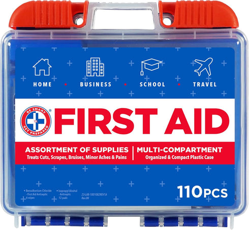 Be Smart Get Prepared 110 pc First Aid Kit for Home, Office, Car, School, Travel, Emergency