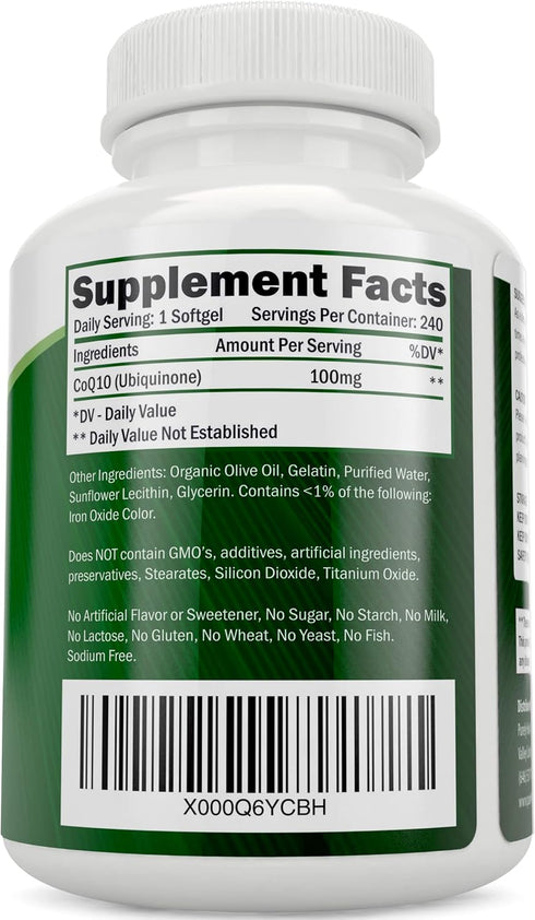 Purely Holistic CoQ10 100mg - 240 SoftGels, 8 Month Supply, Ubiquinone Supplement with Organic Olive Oil
