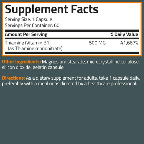 Bronson Vitamin B1 Extra Strength 500 MG, 60 Capsules | High Potency Non-GMO