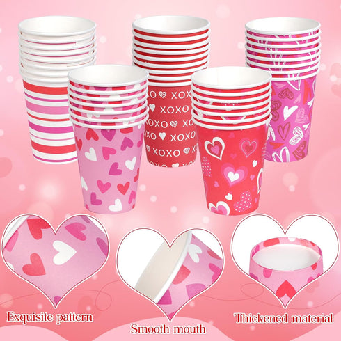 Pascliyna 100 Set 12oz, 5 Valentines Disposable Coffee Cups with Lids Pink Heart Print Disposable Paper Cups, Styles