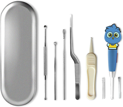 6 Pcs Ear Pick Ear Curette - LED Light Earwax Removal Cleaner with Stainless Steel Storage Box