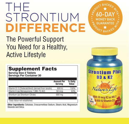 Nature's Life Strontium Plus Vitamins D3 & K2 | Bioavailable Formula May Help Support Healthy Bone Density & Joint Health | 60 Tablets