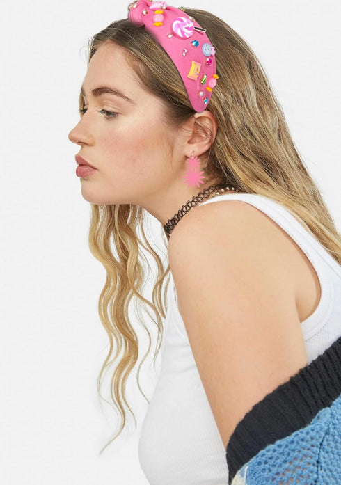 Knotted Headband for Women - Lollipop Candy Charms Crystal Jeweled Top Knot Hairband, Funny Gifts for Girls