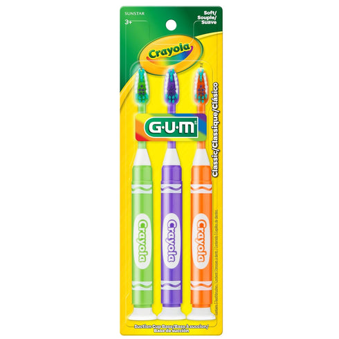 Set 3+, 3 Count GUM Crayola Marker Childrens Toothbrush, Soft Bristled Kids Toothbrush Age Suction Cup Base