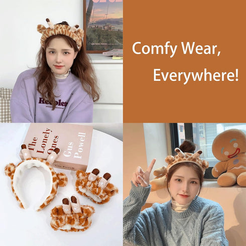 4Pcs Makeup Headband with Absorbent Wristband - Cute Giraffe Skincare Hair Bands for Face Wash