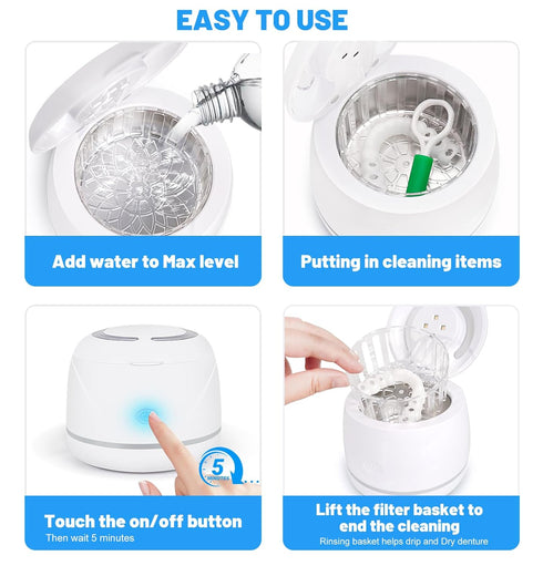 Ultrasonic Retainer Cleaner, Dental Cleaning Pod for Dentures, Mouth Guards, Aligner, Toothbrush Heads, Jewelry, 45kHz