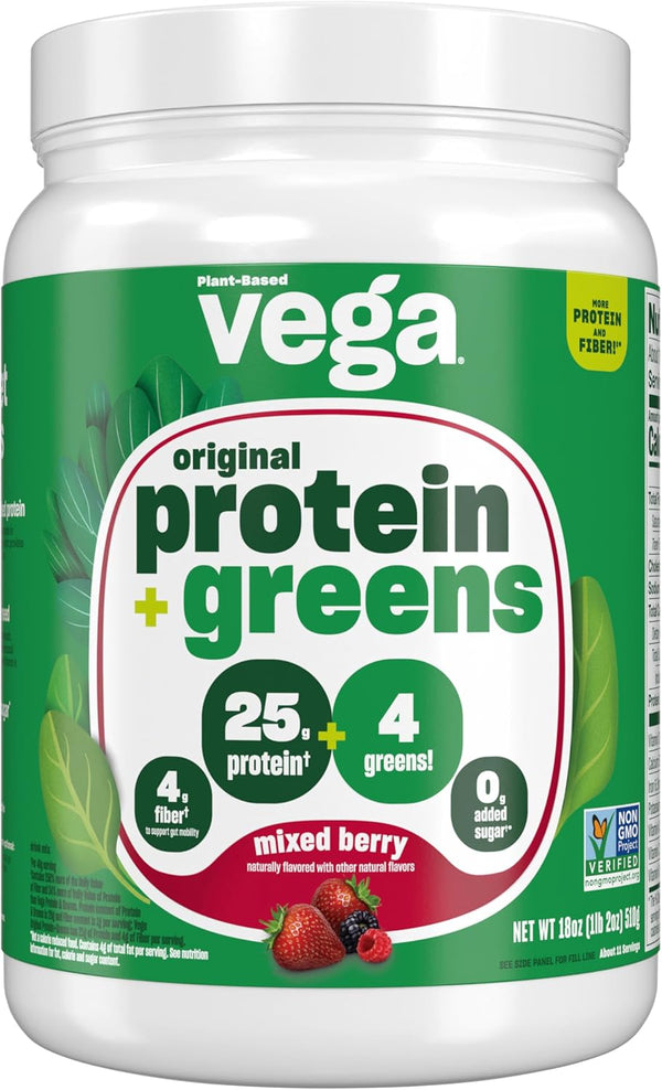 Vega Protein and Greens Protein Powder - Mixed Berry (11 Servings) - 25g Plant Based Protein Plus Veggies