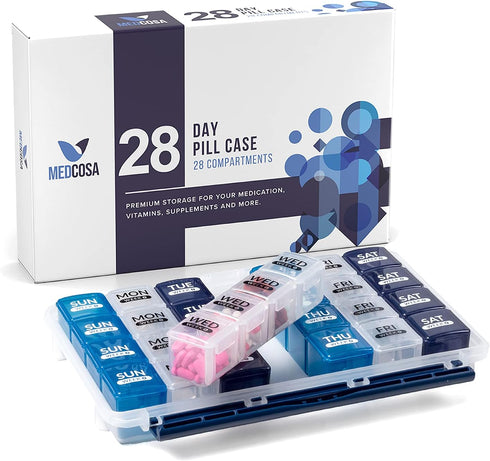 Medcosa 28 Days Pill Case, Daily Medicine Organizer with 28 Compartments, Supplement Box