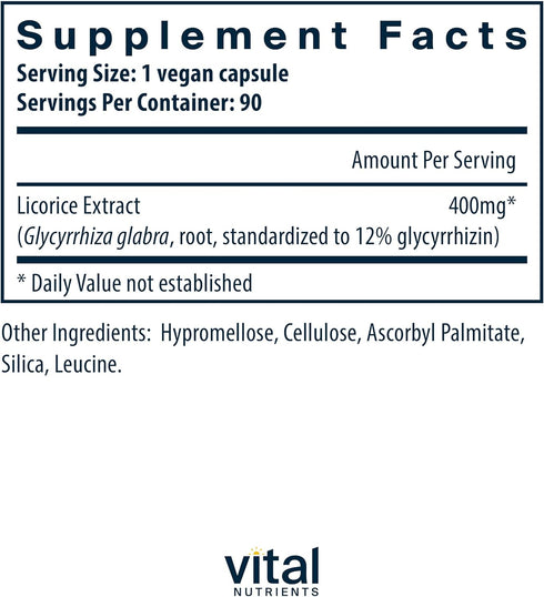 Vital Nutrients Licorice Root Extract | Herbal Immune & Adrenal Support | 90 Vegetarian Capsules, 400 mg