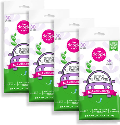 dapple All Purpose Wipes Baby, Hint of Lavender, 30 Count Pouch (Pack of 4), Plant Based & Hypoallergenic