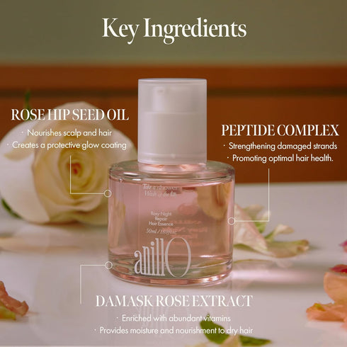 Rosy Night Repair Hair Essence, 50ml / 1.69 fl. Oz - Vegan Oil with Damask Rose Extract for Damaged Hair
