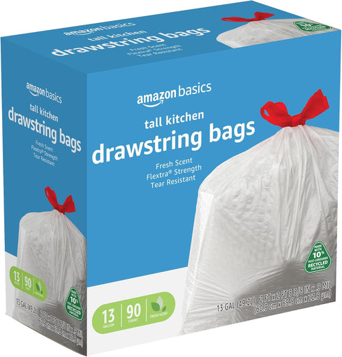 Amazon Basics Flextra Tall Kitchen Drawstring Trash Bags, 13 Gallon, 90 Count, Clean Fresh Scent, 10% Recycled Content