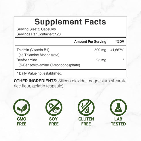 Vitamin B1 500mg with Benfotiamine, 240* Capsules – Fat & Water Soluble Thiamine B1