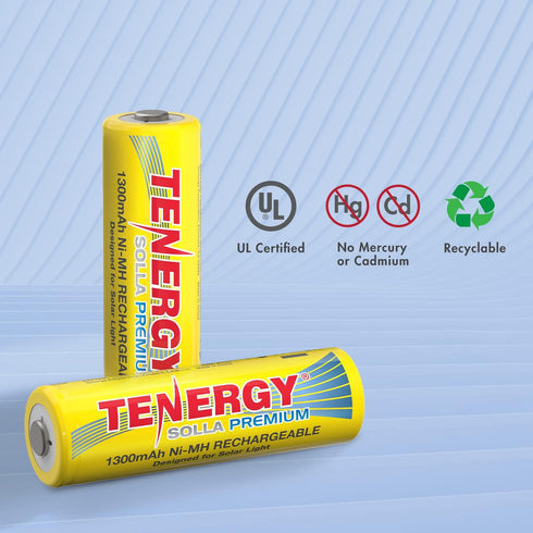 Tenergy Solla Premium Rechargeable NiMH AA Battery, 1300mAh, 8 Pack for Solar Garden Lights, UL Certified