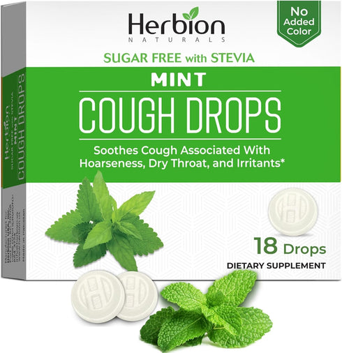 HERBION Naturals Cough Drops, Sugar Free with Stevia, Dietary Supplement, Soothes Cough, 18 Count, Mint