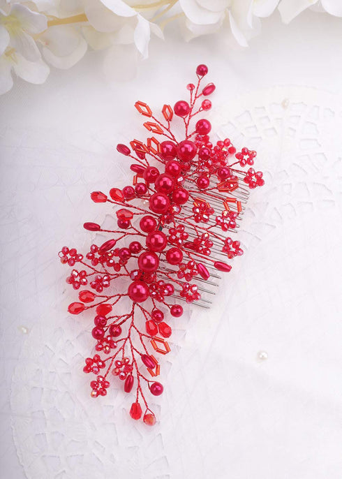 Kercisbeauty Red Crystal Beads Hair Comb - Wedding Bridal Boho Slide Comb for Brides and Bridesmaids