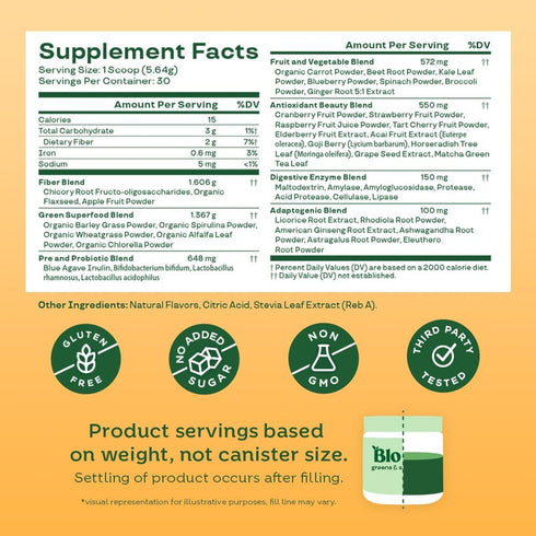 Bloom Nutrition Superfood Greens Powder, Digestive Enzymes, Probiotics, Gut Health, 30 SVG, Mango
