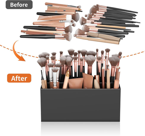 HIIMIEI Black Makeup Brush Holder - Acrylic Organizer with 6 Slots for Vanity Countertop Storage