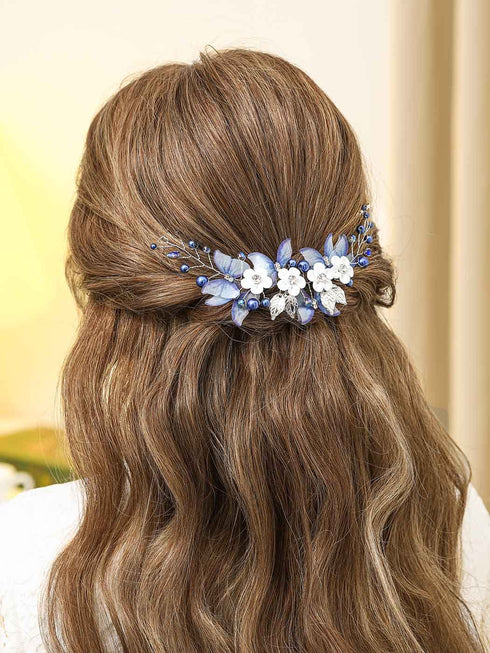 Unicra Butterfly Bride Wedding Hair Vine, Blue Pearl Bridal Hair Piece, Rhinestone Headband for Women