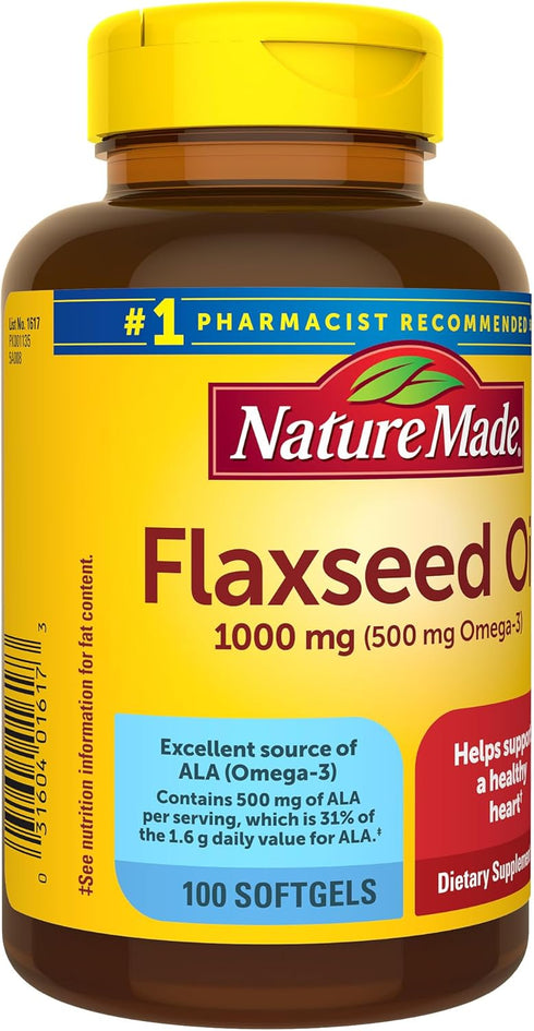 Nature Made Flaxseed Oil 1000 mg, 100 Softgels, Fish Free Omega 3 Supplement for Heart Health Support, 100 Day Supply