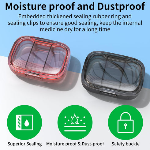TecQach 2 Pack 3 Compartment Small Pill Box, Moisture Proof Pill Case, Travel Pill Organizer for Pocket Purse, Daily