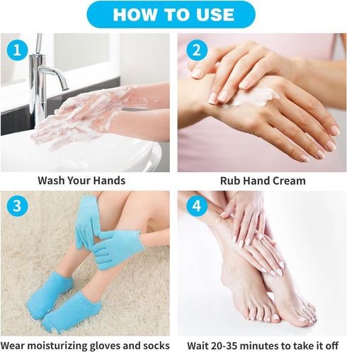 Moisturizing Glove and Sock, Gel Spa Therapy for Hands Feet, Repair Dry Cracked Skin, 4 PCS (Blue)