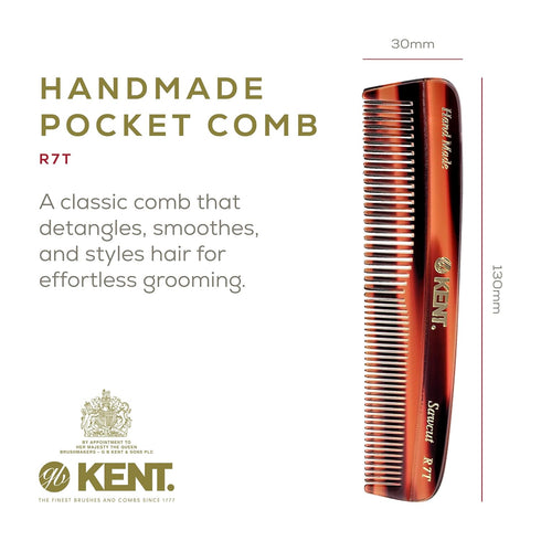Kent R7T Double Tooth Hair Pocket Comb, Small Fine/Wide Tooth Comb For Hair, Beard and Mustache, Coarse/Fine Hair Grooming Comb for Men, Women and Kids. Saw Cut Hand Polished. Handmade in England
