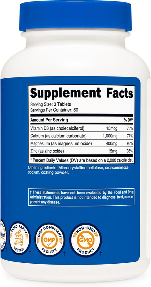 180 Tablets Nutricost Calcium, Magnesium & Zinc Tablets 1,415 mg - Gluten Free, Non-GMO Vitamin/Mineral Blend