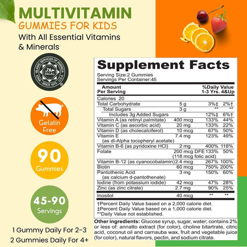 Halal Kids Multivitamin Gummies, 45-90 Days Supply, with All Essential Kids Vitamins. Toddler Vitamins with Vitamin C, D, Zinc, A, E, B6, B12, Biotin | Halal Gummy Vitamins for Kids