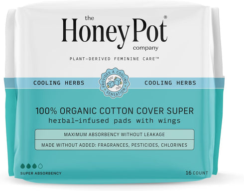 The Honey Pot Company Herbal Pads for Women - Super Pads w/Wings, Organic Cotton Cover, 16 ct