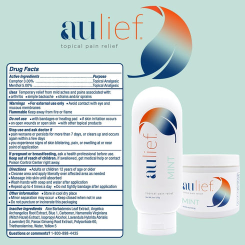 Aulief Topical Pain Relief Cream, Mint Green Gel, 2 oz Travel Tottle