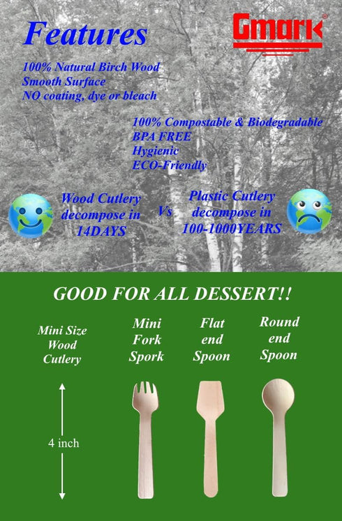 Gmark 4" Mini Wooden Spork 100 ct, Biodegradable Compostable Birchwood Fork Spoon 2-in-1 Utensil (100pcs/bag) GM1058A by Gmark