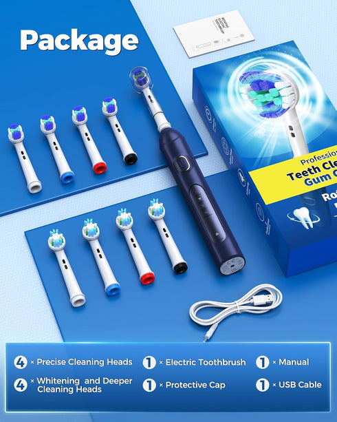Rotating Electric Toothbrush for Adults, 8 Brush Heads, 4 Modes, Rechargeable Power, 2 Min Smart Timer, Dark Blue