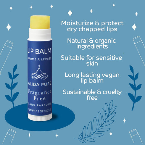 Vegan Fragrance Free Lip Balm Set, Unscented, 5 Tube Set, Organic Jojoba and Avocado Oil, Natural Moisturizer