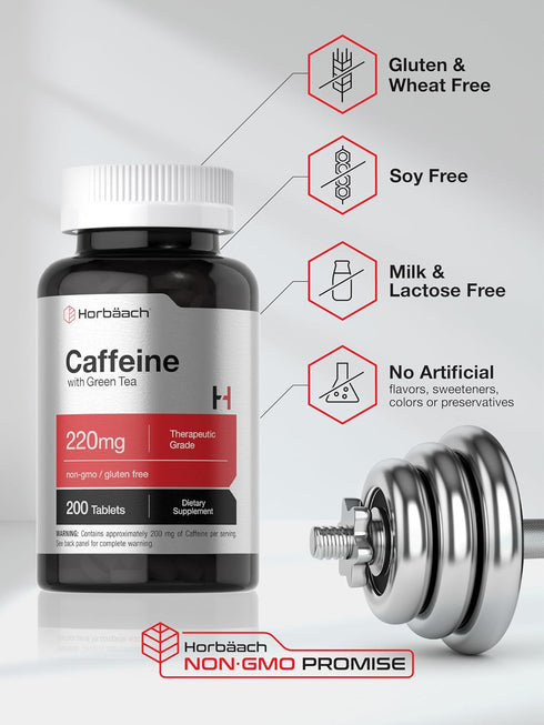 Horbaach Caffeine Pills - 200mg with Green Tea, 200 Tablets, Vegetarian, Non-GMO & Gluten Free