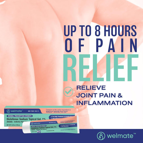 WELMATE - Arthritis Pain Reliever - Diclofenac Sodium Topical Gel 1% - Arthritis Relief - Over-The-Counter Medication - FSA & HSA Approved - Pain Relief Cream/Gel - Mobility Aids - 5.29 oz (150g)