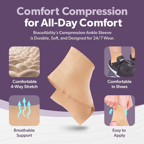 BraceAbility Elastic Ankle Support Brace - Lightweight Compression Sleeve for Sports, Running, and Sprains (Beige,
