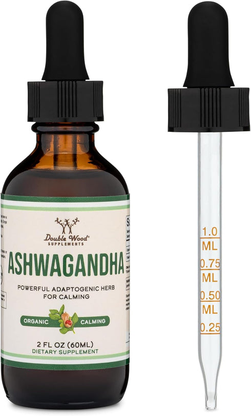 Double Wood Ashwagandha Organic Drops for Stress Relief (1,200mg, 60 Servings) - Adrenal Support, Cortisol Manager